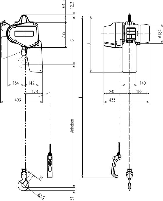 Abmaße des Kito Elektrokettenzug EQ 1000kg