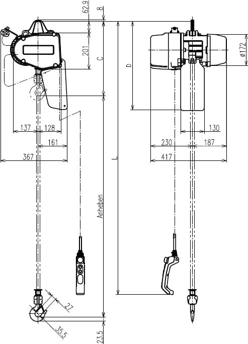 Abmaße des Kito Elektrokettenzug EQ 500kg