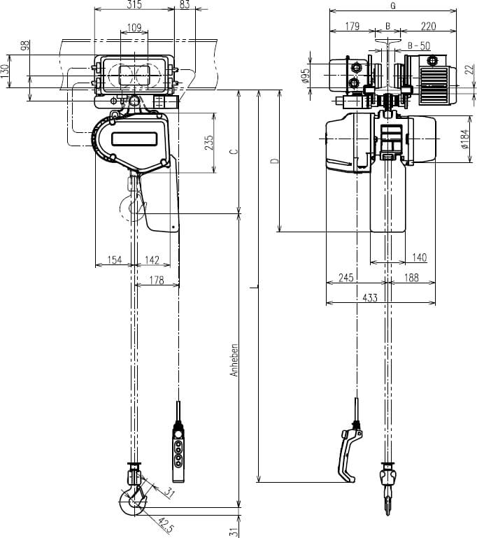 Abmaße des Kito Elektrokettenzug EQM010IS-IS 1000kg