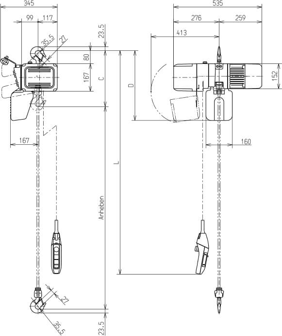 Abmaße des Kito Elektrokettenzug ER2001IH 125kg