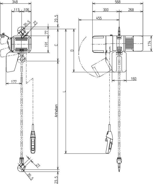 Abmaße des Kito Elektrokettenzug ER2003IH 250kg