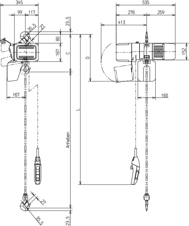 Abmaße des Kito Elektrokettenzug ER2003IS 250kg