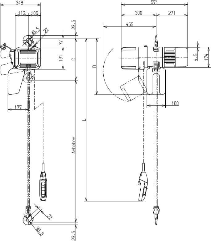Abmaße des Kito Elektrokettenzug ER2005IL 500kg