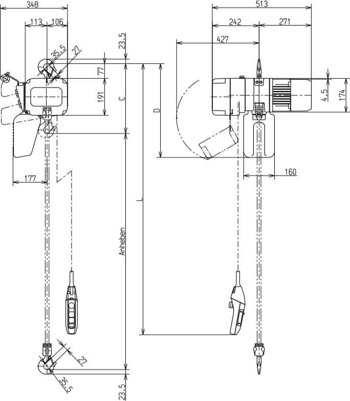 Abmaße des Kito Elektrokettenzug ER2005L 500kg