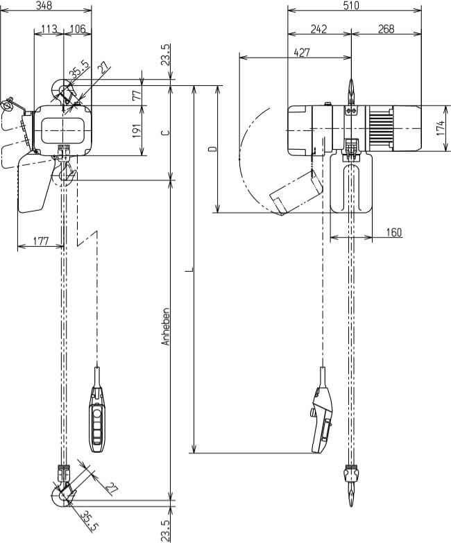 Abmaße des Kito Elektrokettenzug ER2005S 500kg