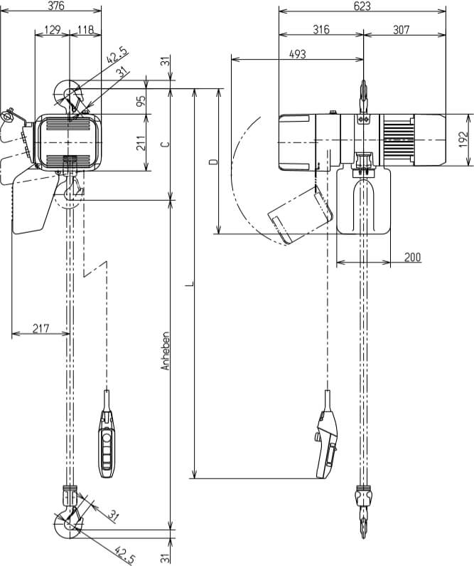 Abmaße des Kito Elektrokettenzug ER2010IS 1000kg