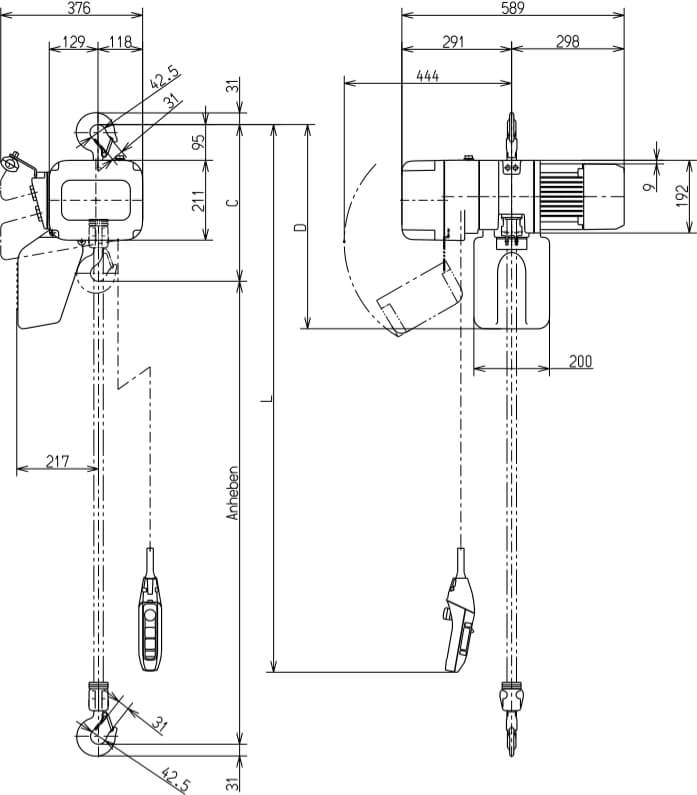 Abmaße des Kito Elektrokettenzug ER2010L 1000kg