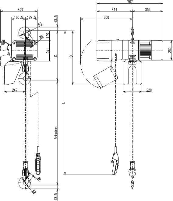 Abmaße des Kito Elektrokettenzug ER2020IS 2000kg