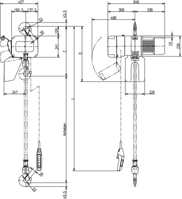 Abmaße des Kito Elektrokettenzug ER2020L 2000kg