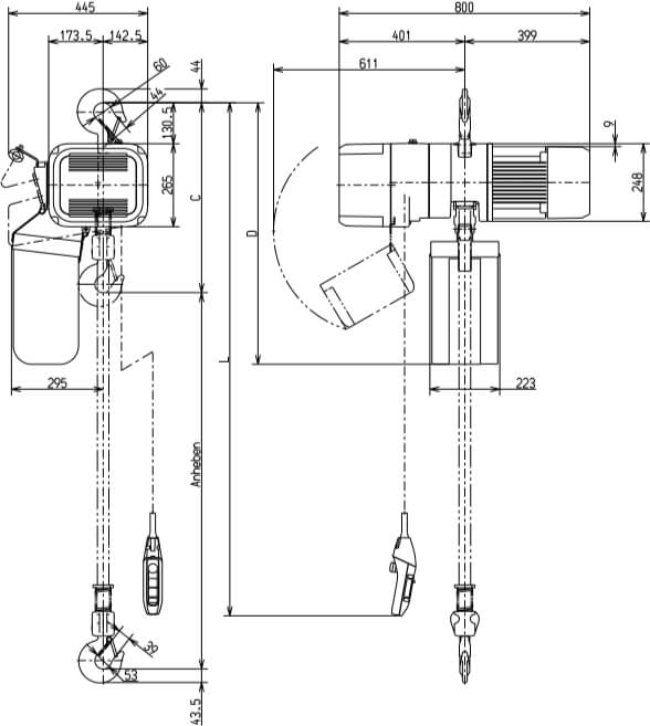 Abmaße des Kito Elektrokettenzug ER2025IS 2500kg