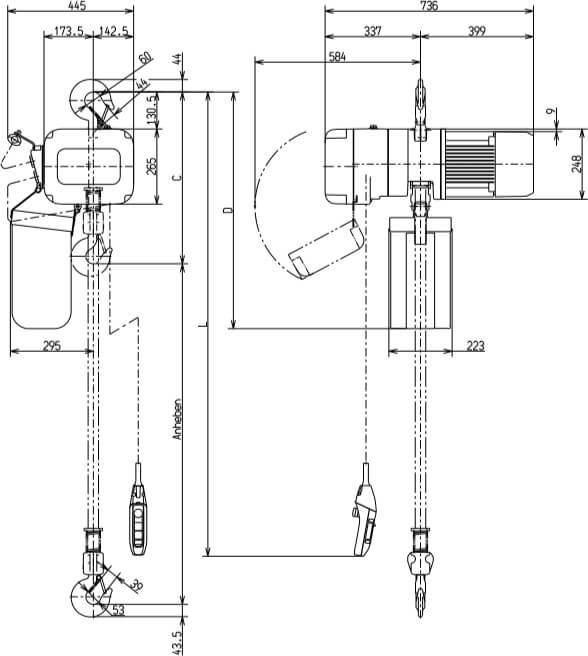Abmaße des Kito Elektrokettenzug ER2025S 2500kg