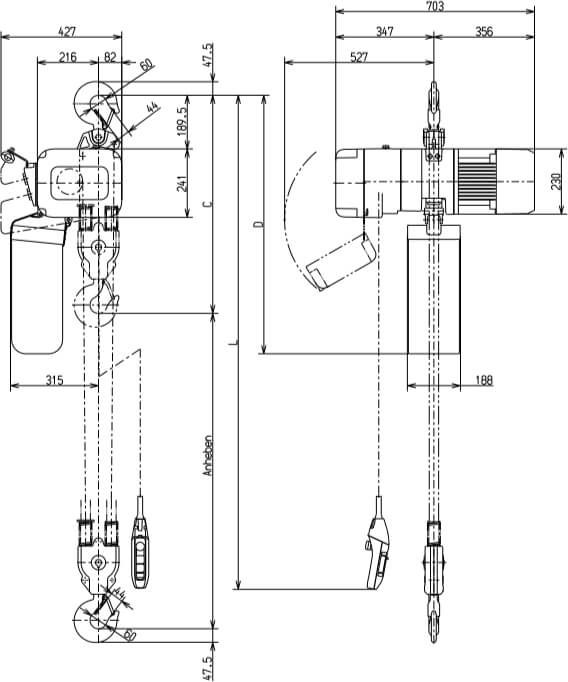 Abmaße des Kito Elektrokettenzug ER2032S 3200kg