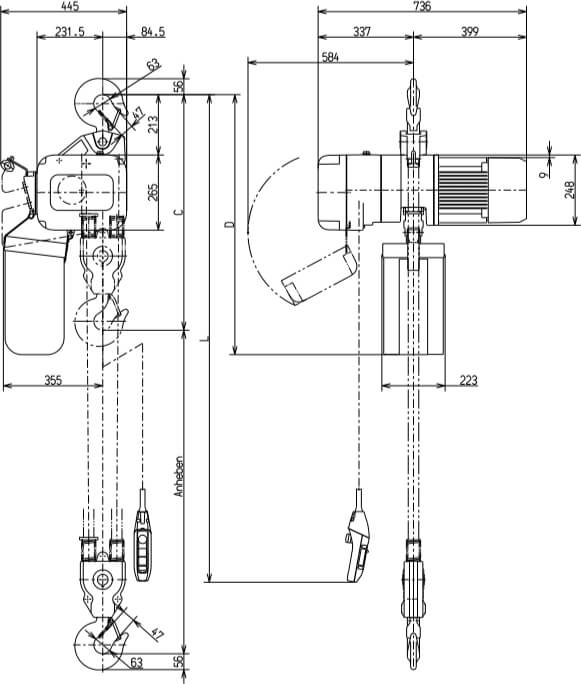 Abmaße des Kito Elektrokettenzug ER2050S 5000kg