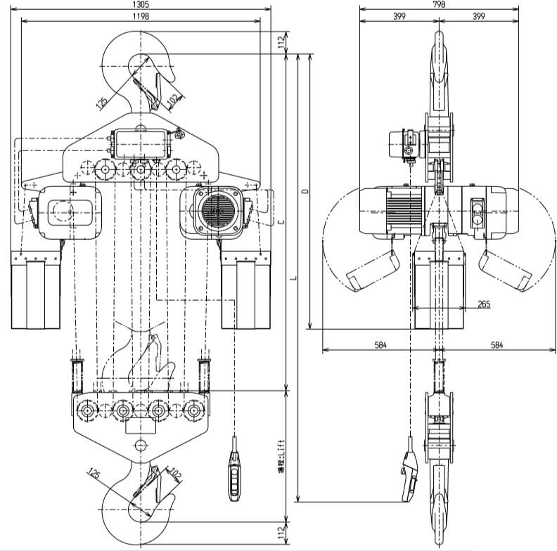 Abmaße des Kito Elektrokettenzug ER2200S 20000kg