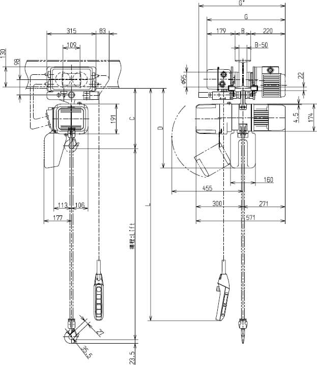 Abmaße des Kito Elektrokettenzug ER2M005IL-IS 500kg