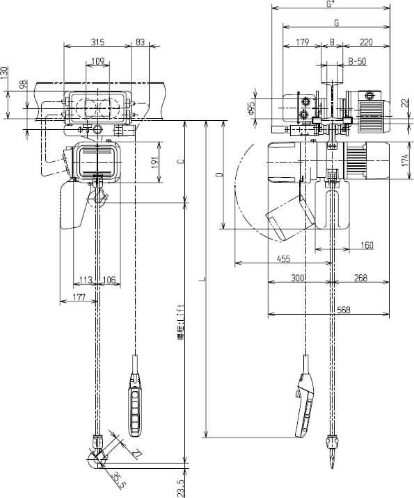 Abmaße des Kito Elektrokettenzug ER2M005IS-IS 500kg