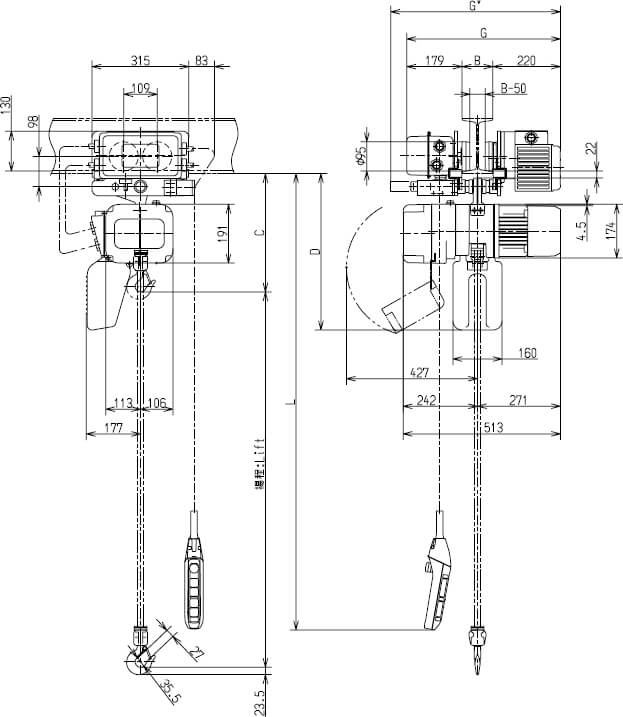Abmaße des Kito Elektrokettenzug ER2M005L-S 500kg