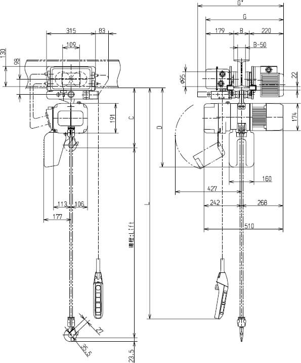 Abmaße des Kito Elektrokettenzug ER2M005S-S 500kg