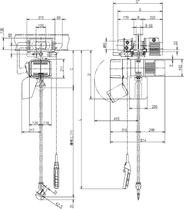 Abmaße des Kito Elektrokettenzug ER2M010IL-IS 1000kg
