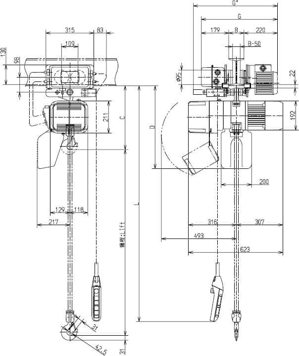 Abmaße des Kito Elektrokettenzug ER2M010IS-IS 1000kg