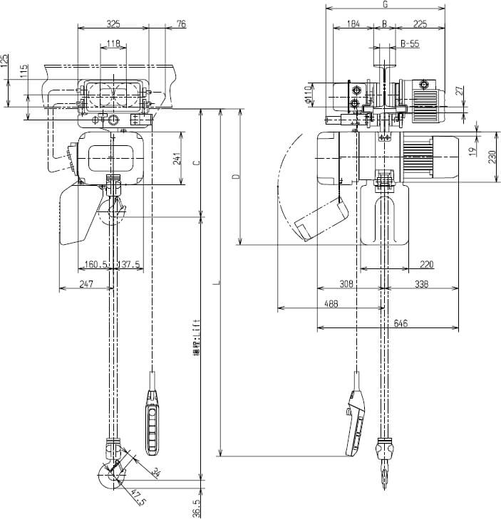 Abmaße des Kito Elektrokettenzug ER2M016S-S 1600kg