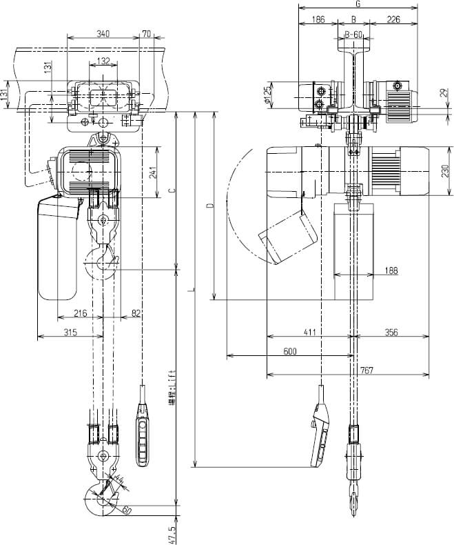 Abmaße des Kito Elektrokettenzug ER2M032IS-IS 3200kg