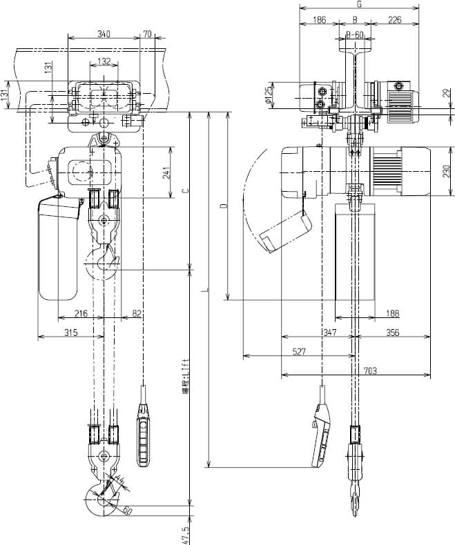 Abmaße des Kito Elektrokettenzug ER2M032S-S 3200kg