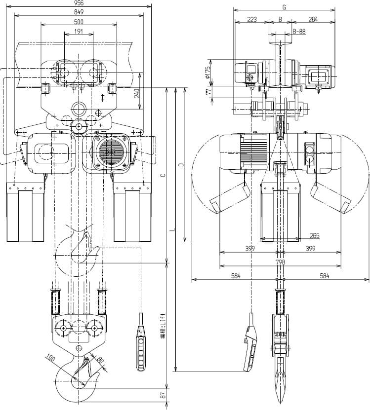 Abmaße des Kito Elektrokettenzug ER2M100S-L 10000kg