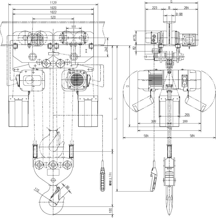 Abmaße des Kito Elektrokettenzug ER2M150S-L 15000kg