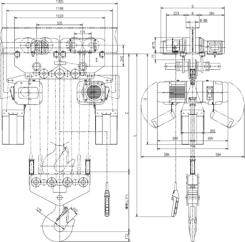 Abmaße des Kito Elektrokettenzug ER2M200S-L 20000kg