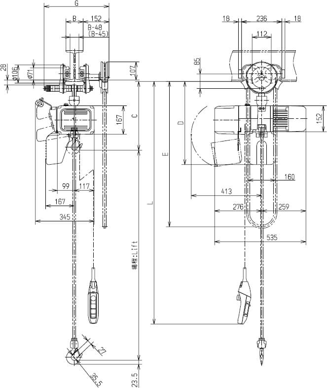 Abmaße des Kito Elektrokettenzug ER2SG001IH 125kg