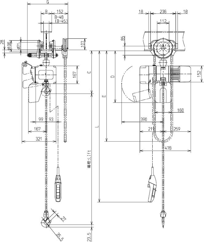 Abmaße des Kito Elektrokettenzug ER2SG003S 250kg