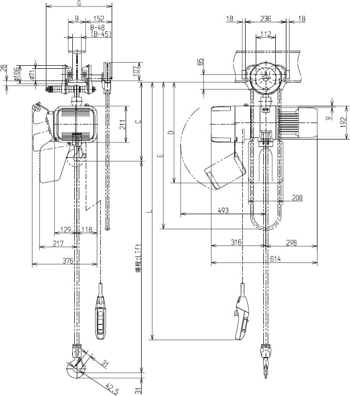 Abmaße des Kito Elektrokettenzug ER2SG010IL 1000kg