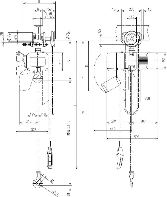 Abmaße des Kito Elektrokettenzug ER2SG010S 1000kg
