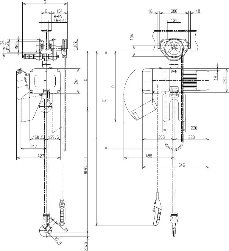 Abmaße des Kito Elektrokettenzug ER2SG016S 1600kg