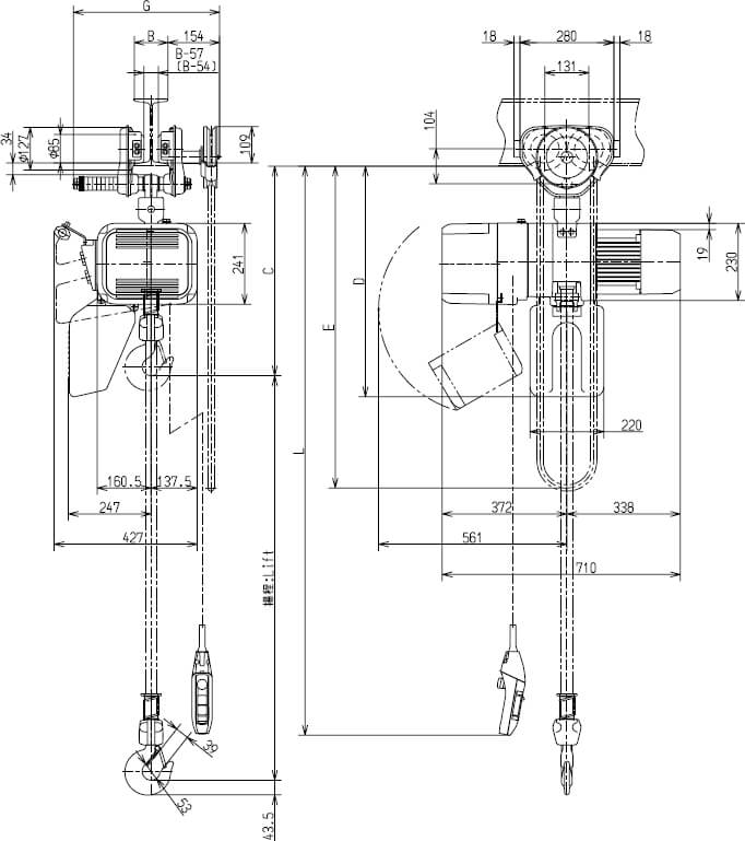 Abmaße des Kito Elektrokettenzug ER2SG020IL 2000kg