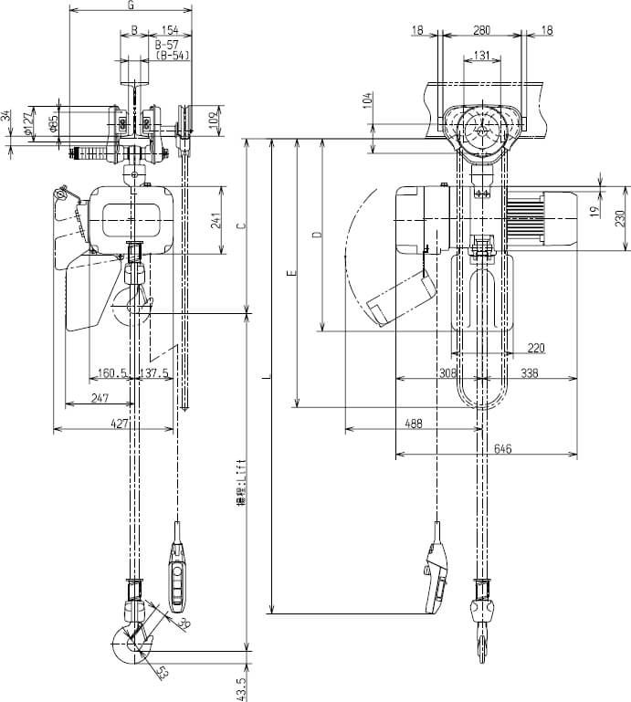 Abmaße des Kito Elektrokettenzug ER2SG020L 2000kg