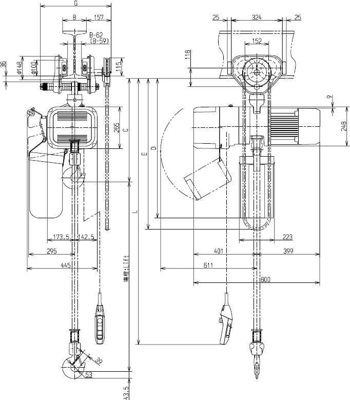 Abmaße des Kito Elektrokettenzug ER2SG025IS 2500kg