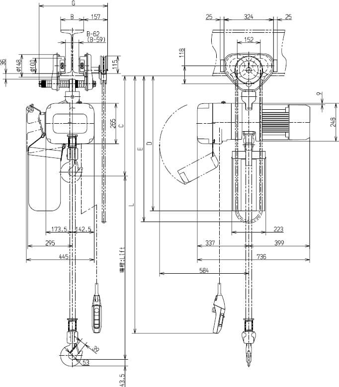 Abmaße des Kito Elektrokettenzug ER2SG025S 2500kg