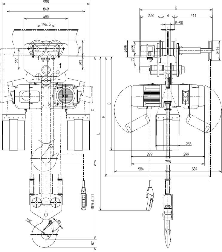 Abmaße des Kito Elektrokettenzug ER2SG100S 10000kg