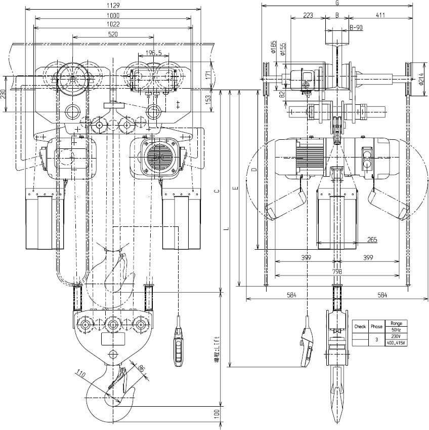 Abmaße des Kito Elektrokettenzug ER2SG150S 15000kg