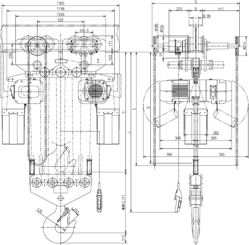 Abmaße des Kito Elektrokettenzug ER2SG200S 20000kg