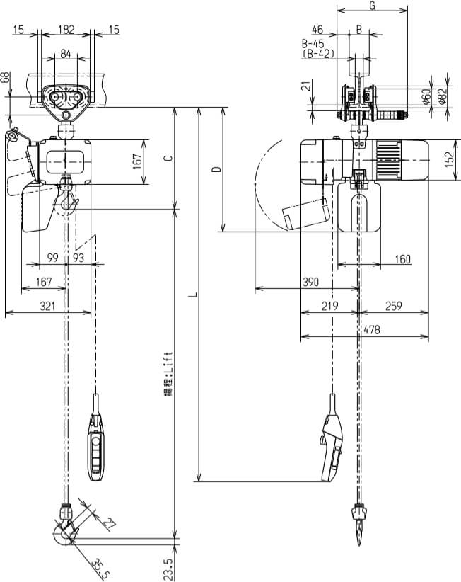 Abmaße des Kito Elektrokettenzug ER2SP001H 125kg