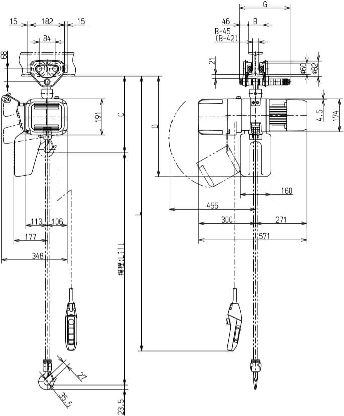 Abmaße des Kito Elektrokettenzug ER2SP005IL 500kg