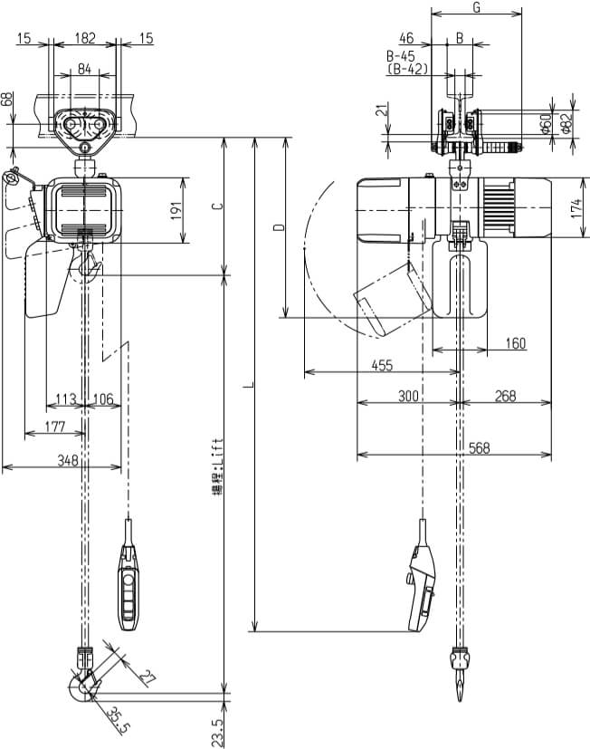 Abmaße des Kito Elektrokettenzug ER2SP005IS 500kg