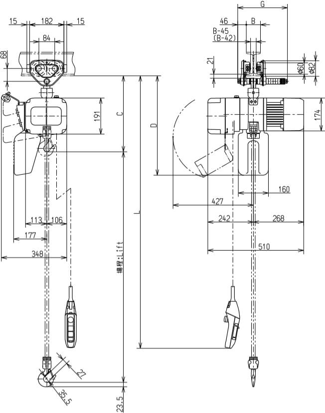 Abmaße des Kito Elektrokettenzug ER2SP005S 500kg