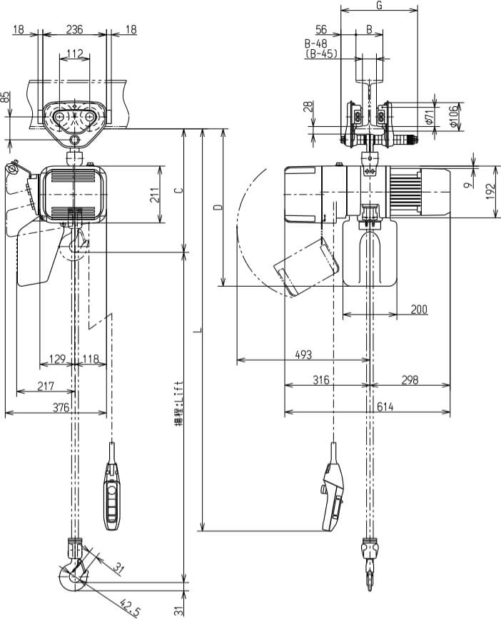 Abmaße des Kito Elektrokettenzug ER2SP010IL 1000kg