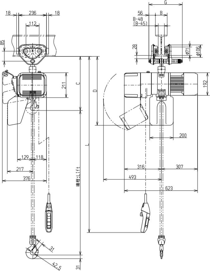 Abmaße des Kito Elektrokettenzug ER2SP010IS 1000kg