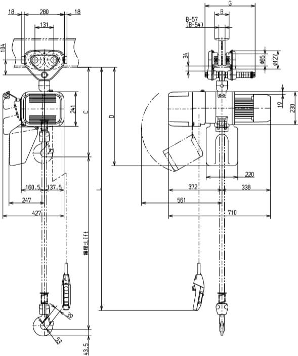 Abmaße des Kito Elektrokettenzug ER2SP020IL 2000kg