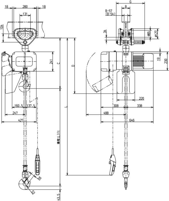 Abmaße des Kito Elektrokettenzug ER2SP020L 2000kg